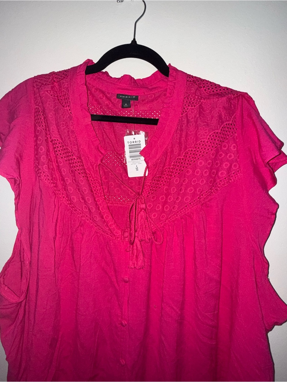 torrid Hot Pink Eyelet Tie-Front Peasant Blouse
